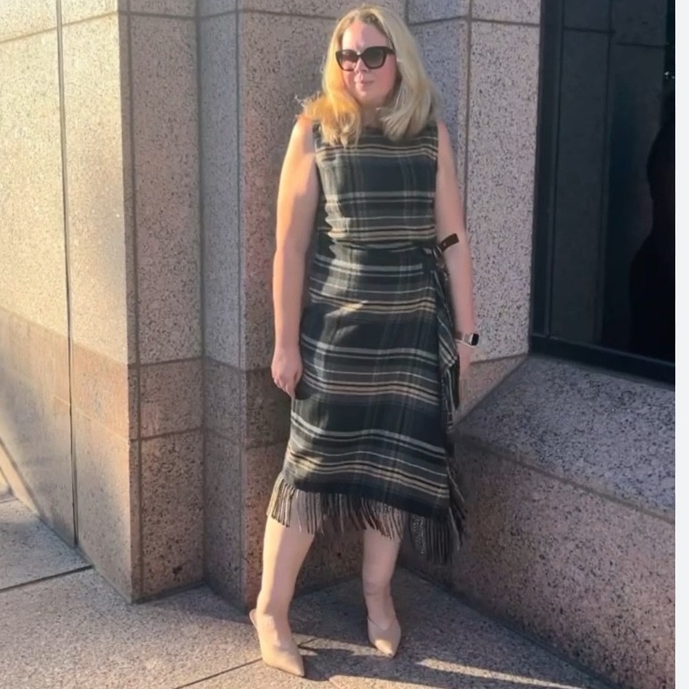 Antonio Melani Tula Plaid Print Wrap Front Fringe Hem Midi Dress.